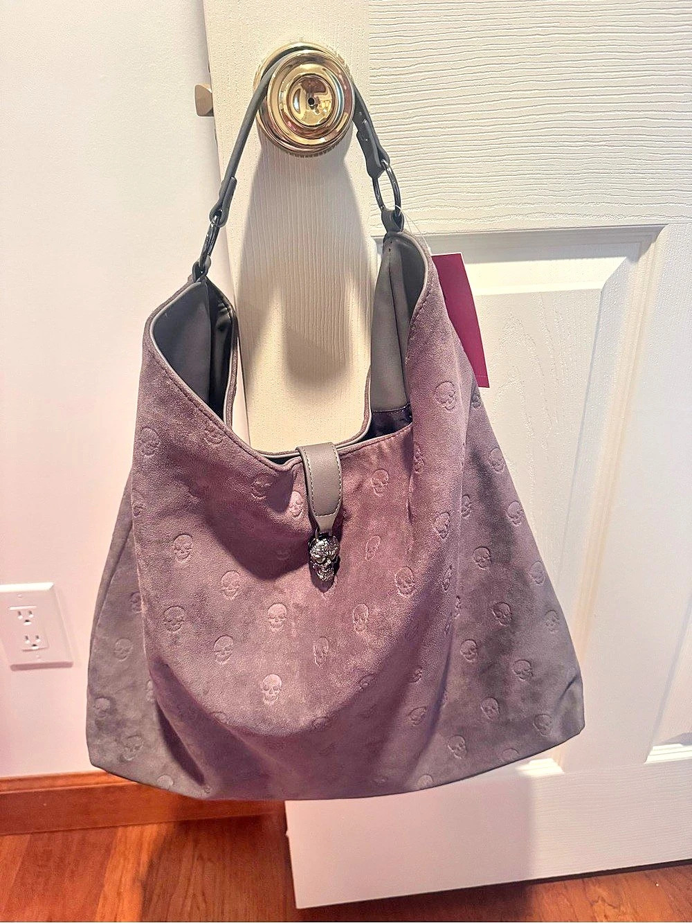 BETSEY JOHNSON BM30940 GRAY SUEDE HOBO VIRAL SKULL SATCHEL